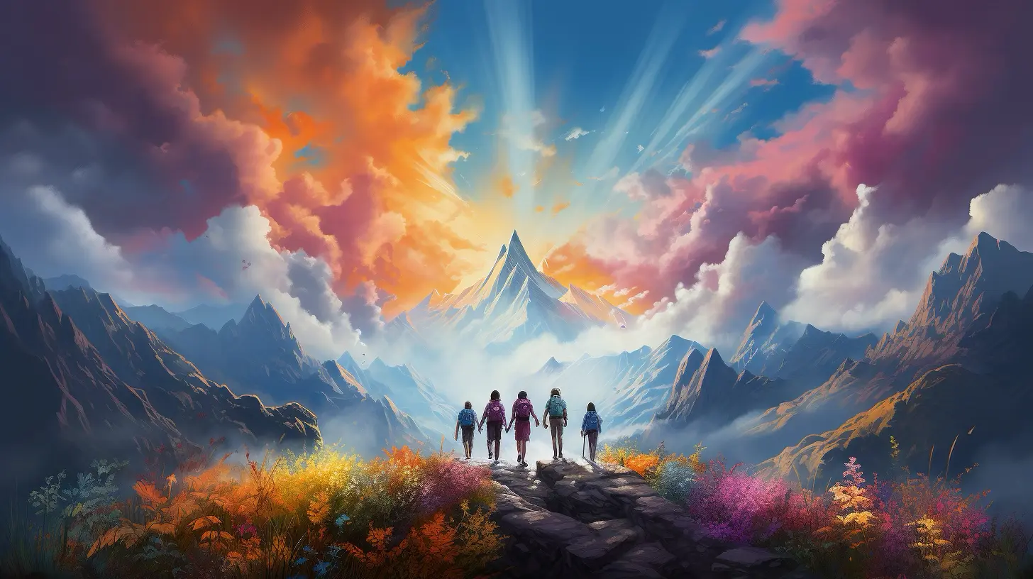 5 people hiking with a bright colourful heaven