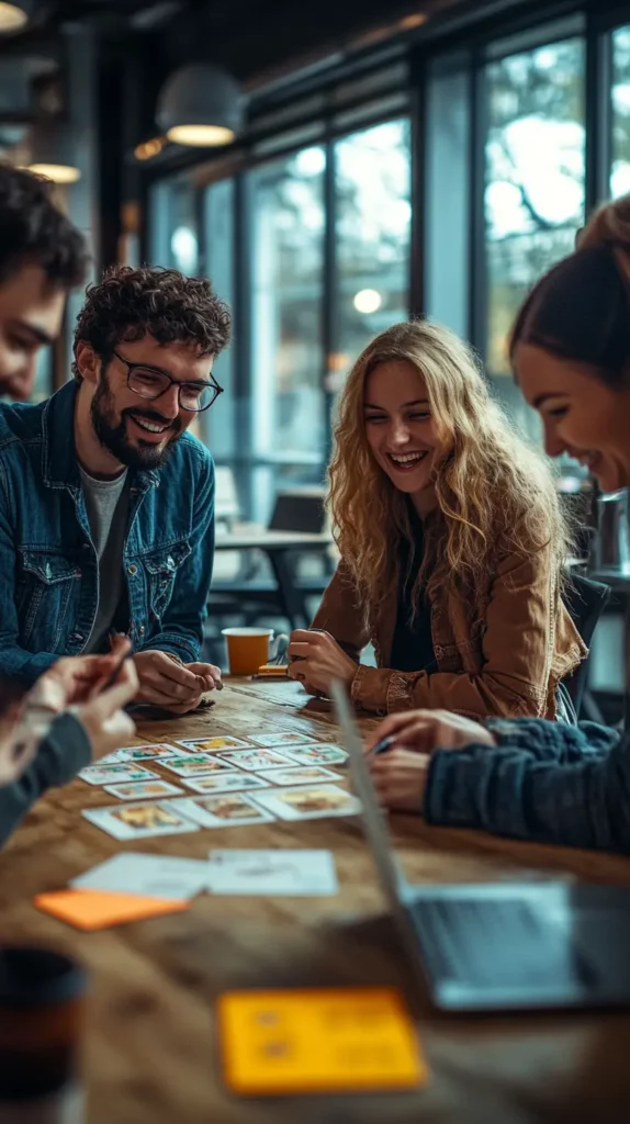 Junge Gründer:innen spielen das Kartenspiel ‚Gründet Gemeinsam!‘ in einem modernen Café. Die Karten sind auf dem Tisch ausgelegt, während die Teilnehmenden diskutieren und lachen